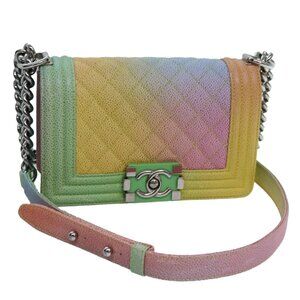 CHANEL Matelasse Boy Chanel Chain Shoulder Bag Leather Rainbow CC Auth 71579SM
